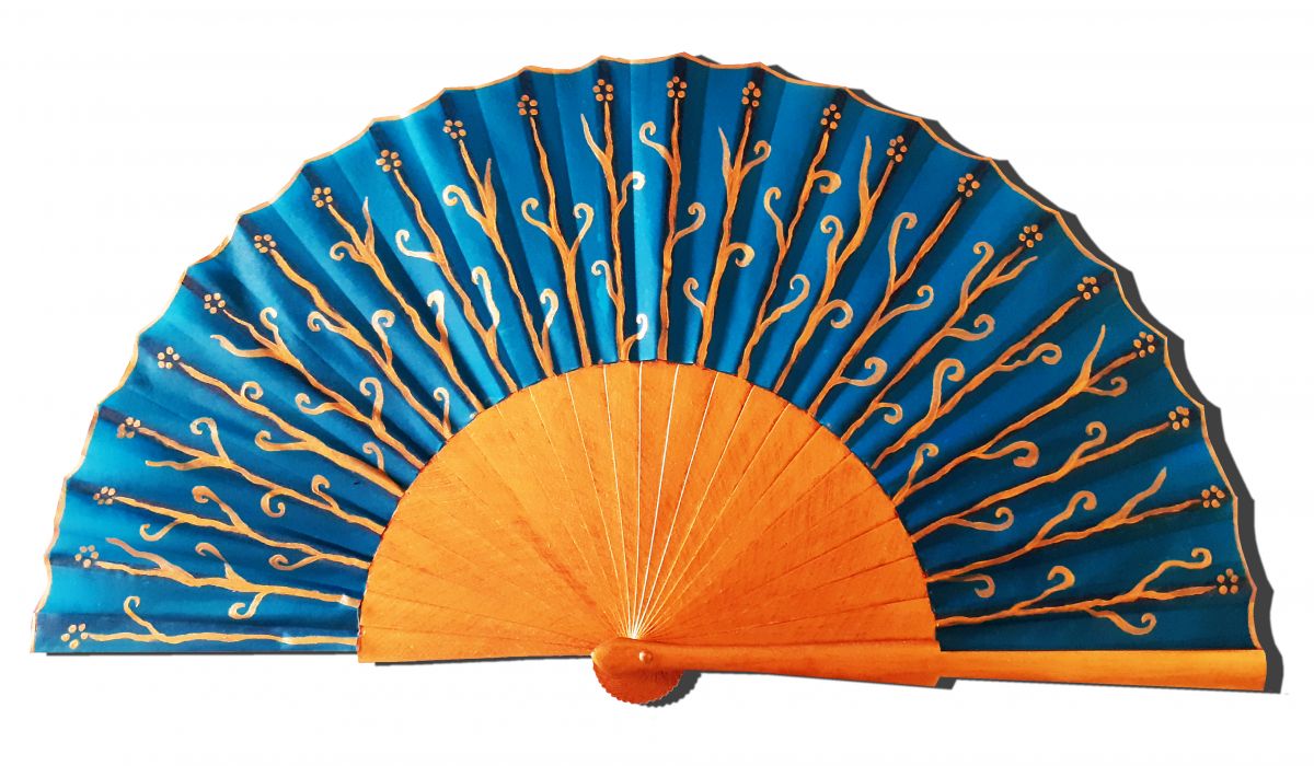 Ventilador de cetim de algodão pintado à mão e desenhado à mão "Fond marin" (Fundo marinho)