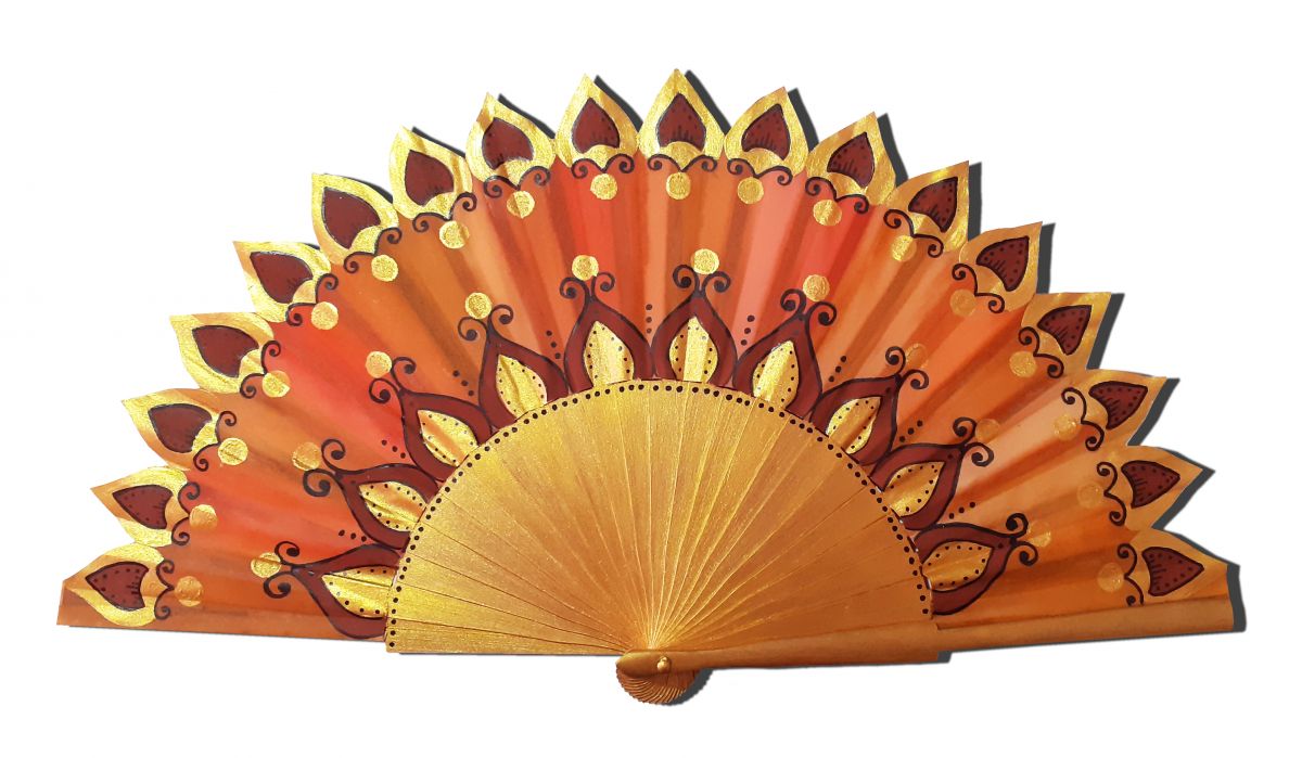 Ventilador de cetim desenhado e pintado à mão "Namaste Indi