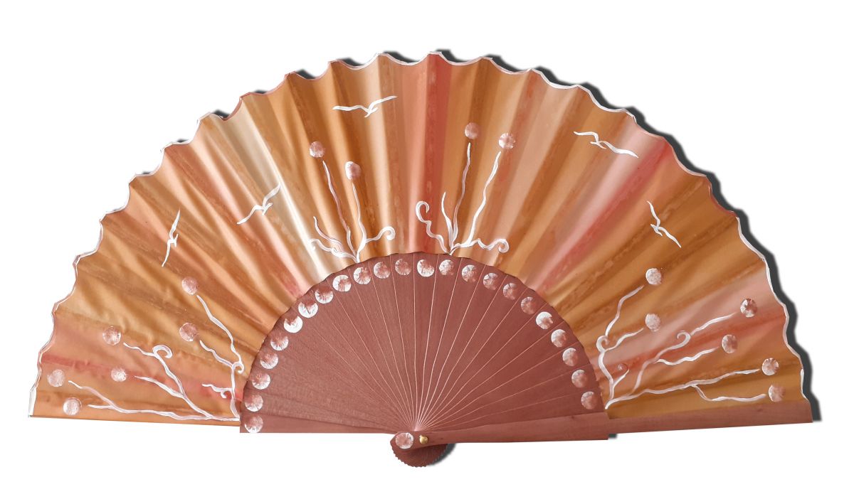 Ventilador de cetim desenhado e pintado à mão "Primavera Japonesa