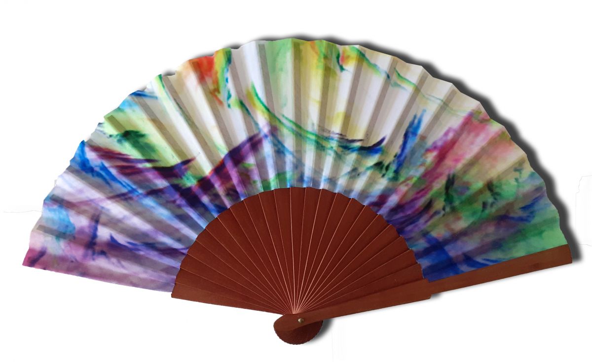 Ventilador de cetim desenhado e pintado à mão "Aurora