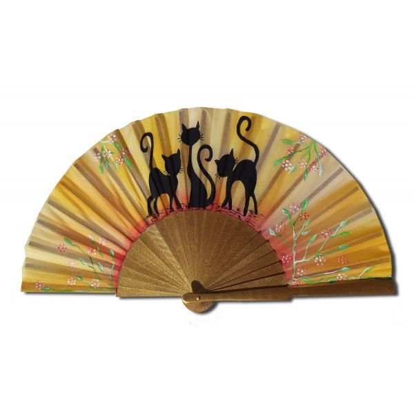 Eventail en soie dessin&eacute; et peint &agrave; la main "Chats fleuris"