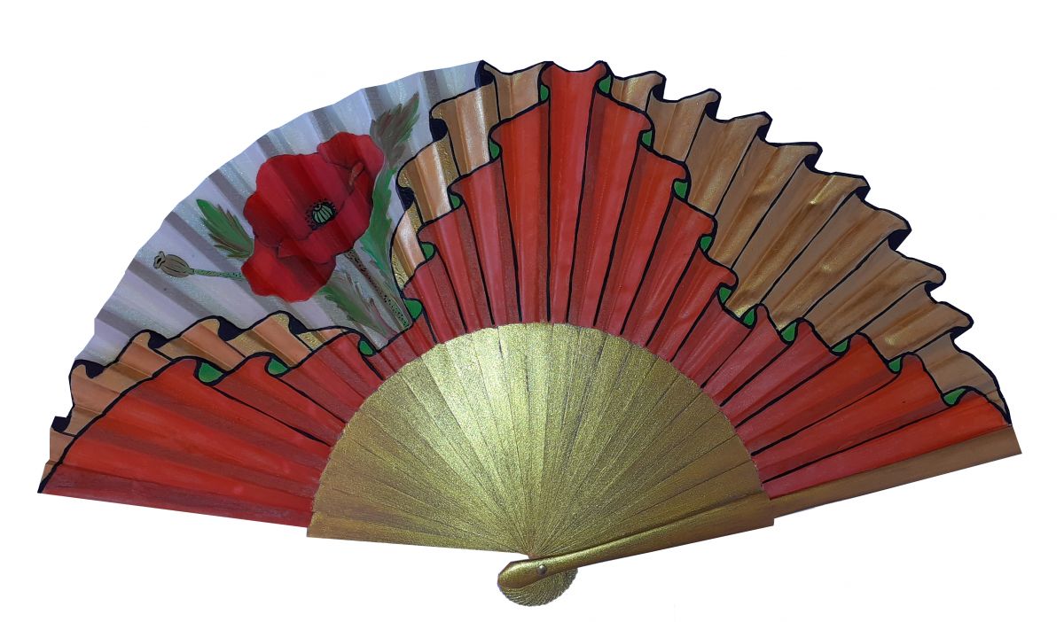 Ventilador de cetim desenhado e pintado à mão "Golden Poppy