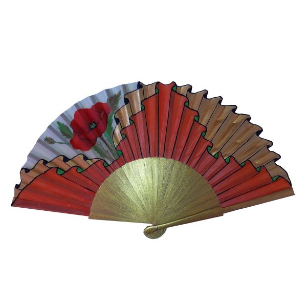 Ventilador de cetim desenhado e pintado à mão "Golden Poppy