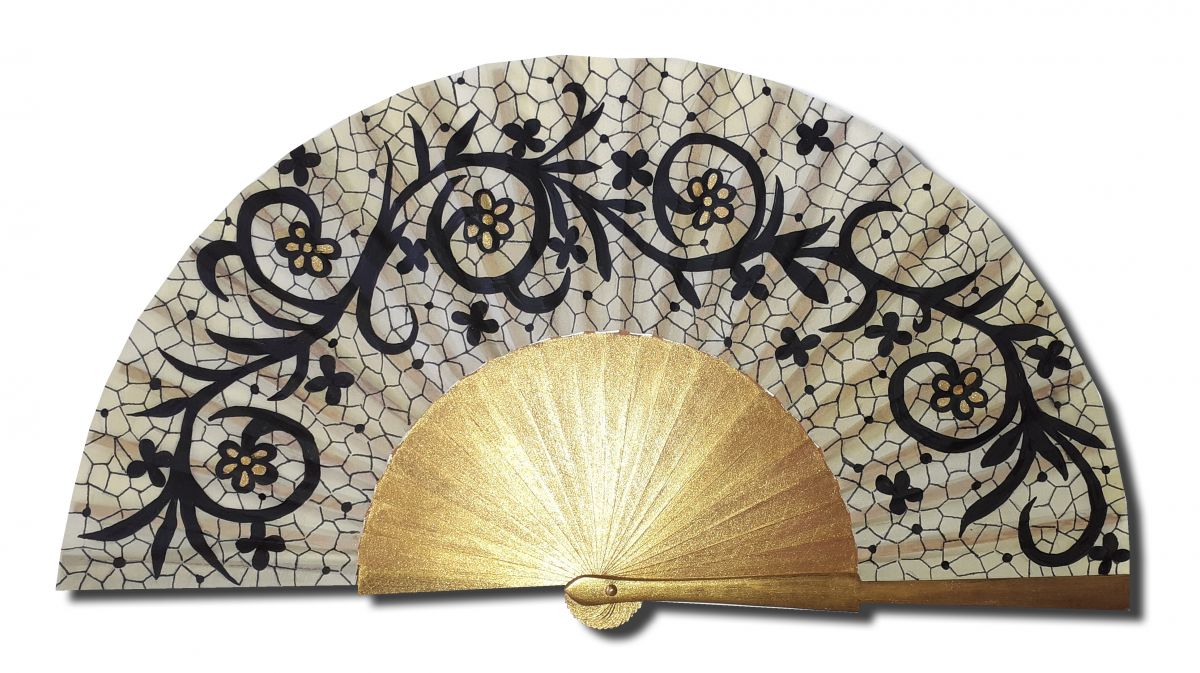 Ventilador de cetim desenhado e pintado à mão "Plumetis