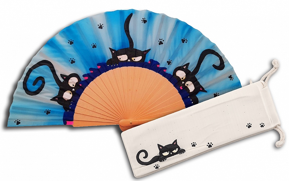 Éventail en soie peint à la main avec motifs chats.