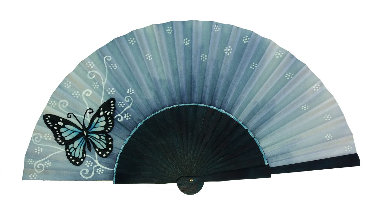 Ventilador de cetim desenhado e pintado à mão "Mariposa azzuro