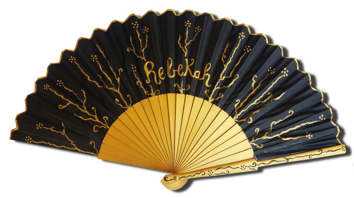 Ventilador de cetim de algodão pintado e desenhado à mão "Preto e dourado