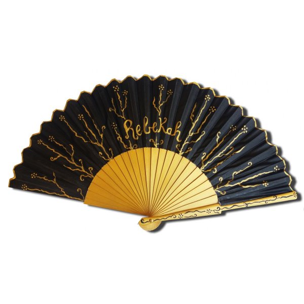 Ventilador de cetim de algodão pintado e desenhado à mão "Preto e dourado