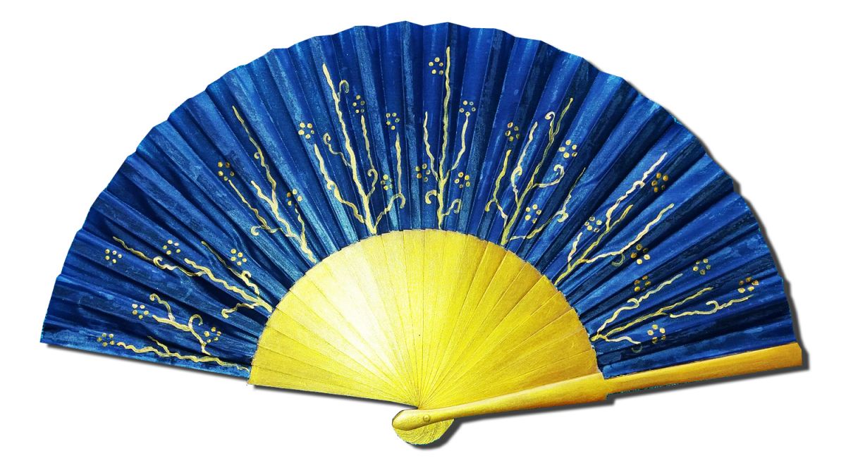 Ventilador de cetim de algodão desenhado à mão e pintado à mão "Magic Night