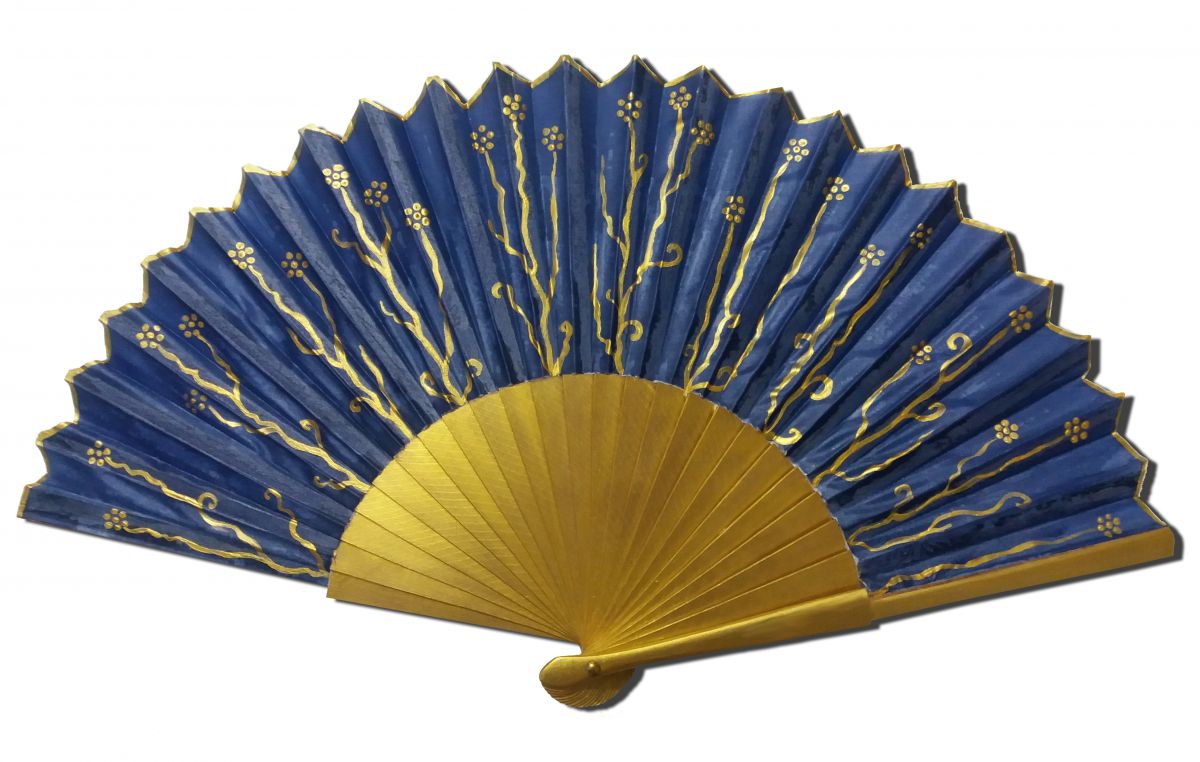 Ventilador de cetim de algodão "Nuit et or" (Noite e ouro) desenhado à mão e pintado à mão