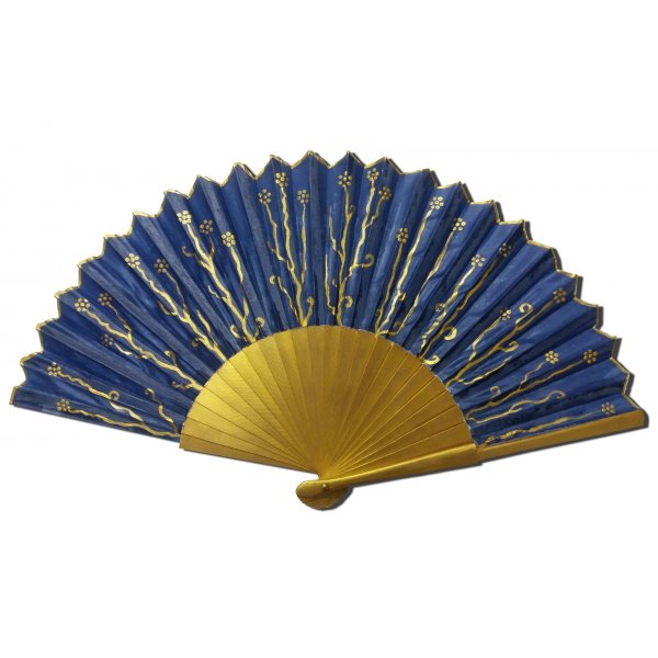 Ventilador de cetim de algodão "Nuit et or" (Noite e ouro) desenhado à mão e pintado à mão