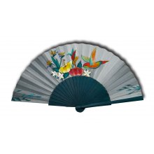 Ventilador de cetim pintado e desenhado à mão 'Beija-flor verde