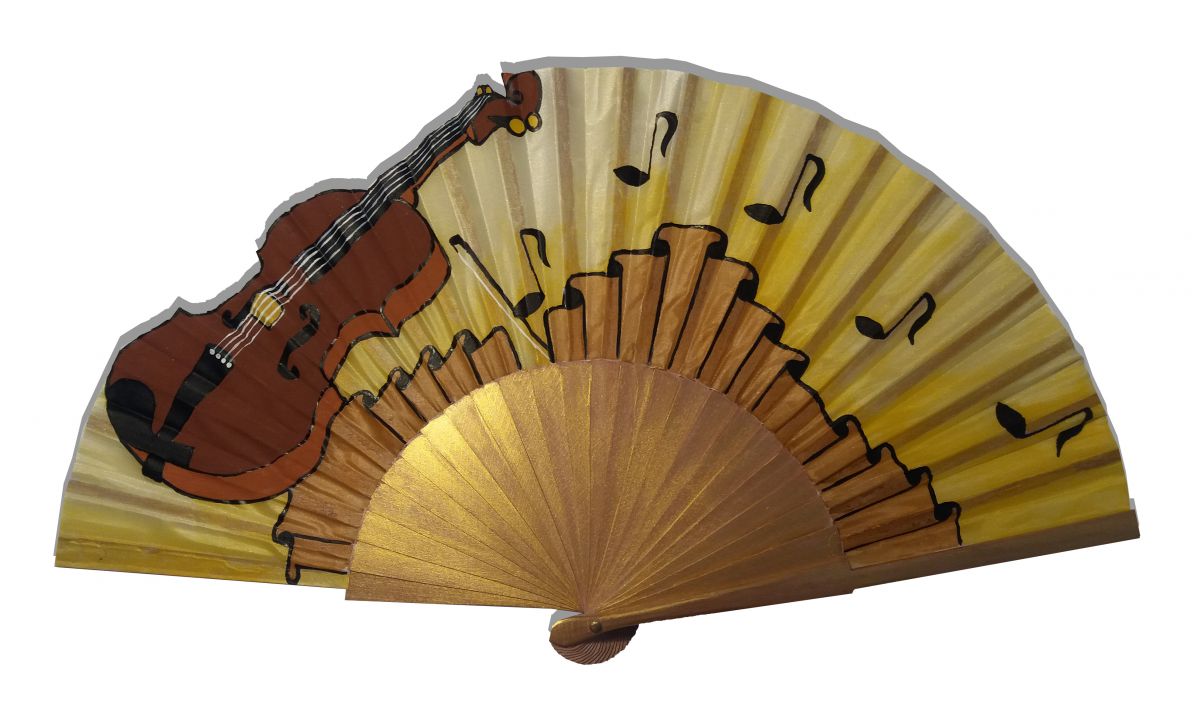 Ventilador de cetim de algodão pintado à mão e desenhado à mão "Violino dourado