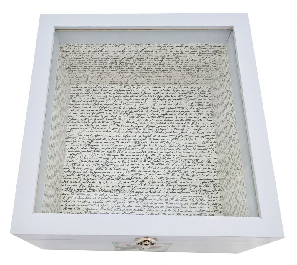 Caixa de madeira e a sua tampa de vidro. Modelo : carta de água rosa