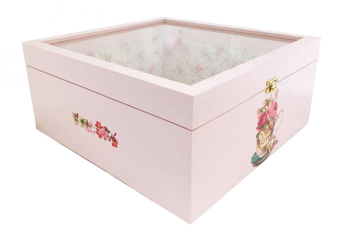 Caixa de madeira e a sua tampa de vidro. Modelo : chá de rosas