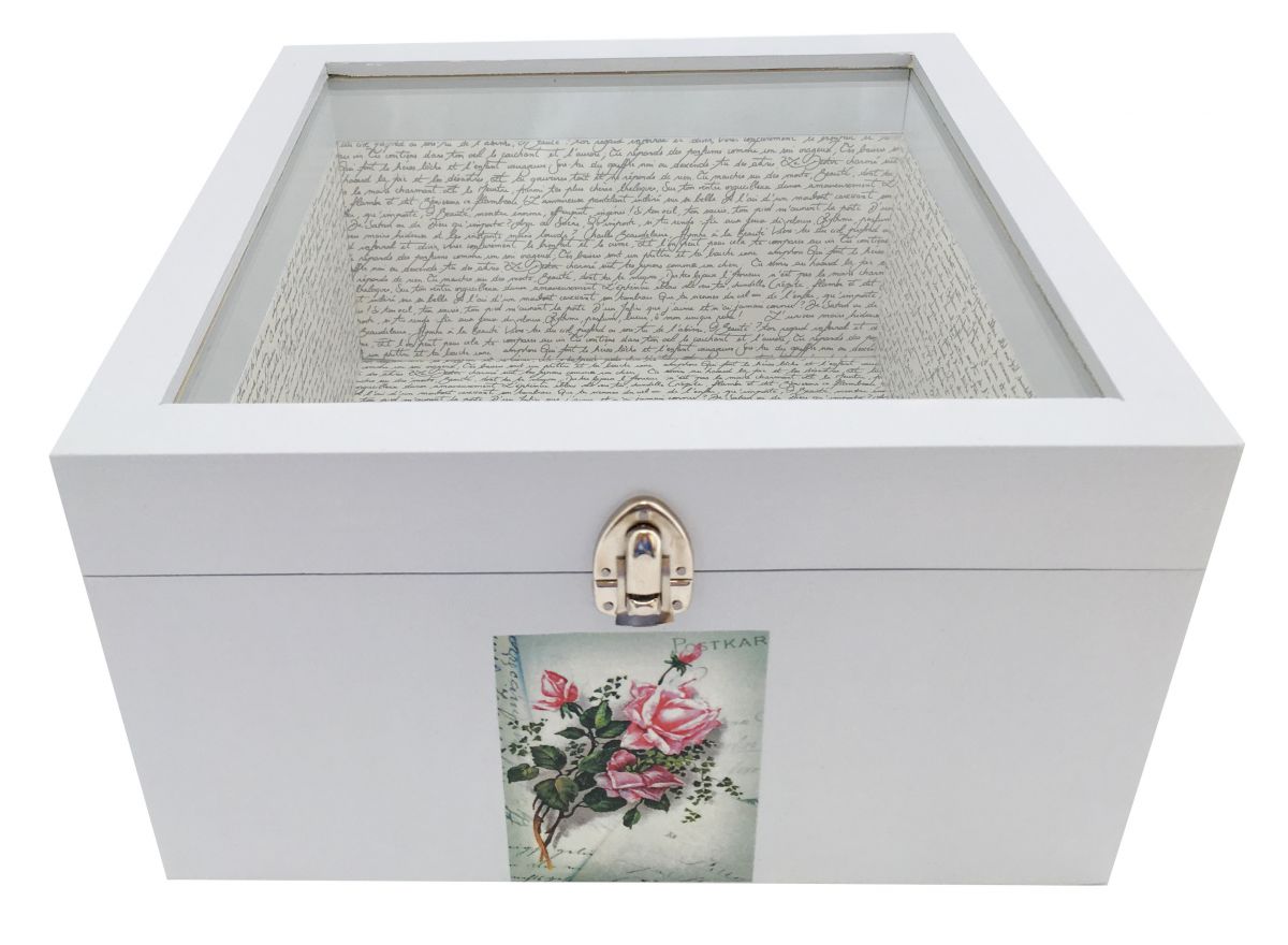 Caixa de madeira e a sua tampa de vidro. Modelo : carta de água rosa
