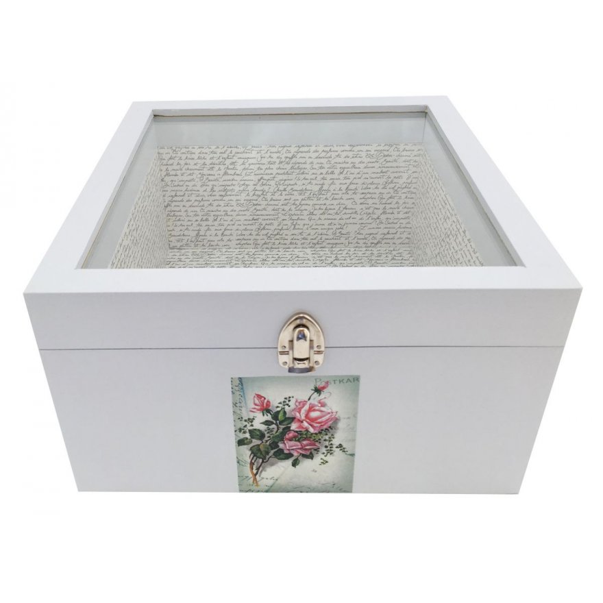 Caixa de madeira e a sua tampa de vidro. Modelo : carta de água rosa