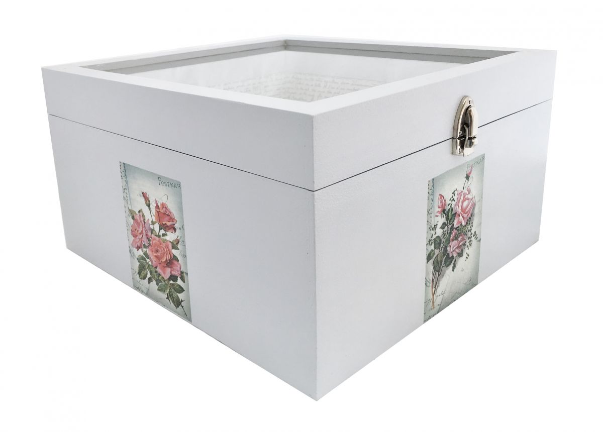 Caixa de madeira e a sua tampa de vidro. Modelo : carta de água rosa