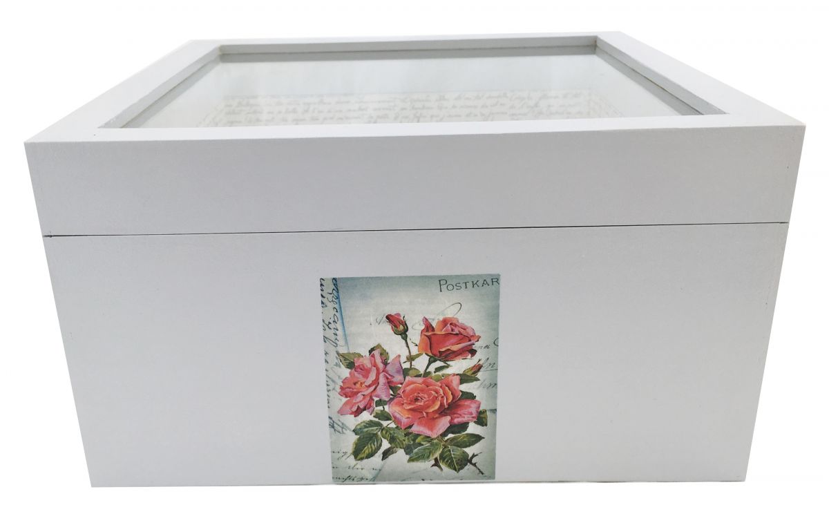 Caixa de madeira e a sua tampa de vidro. Modelo : carta de água rosa