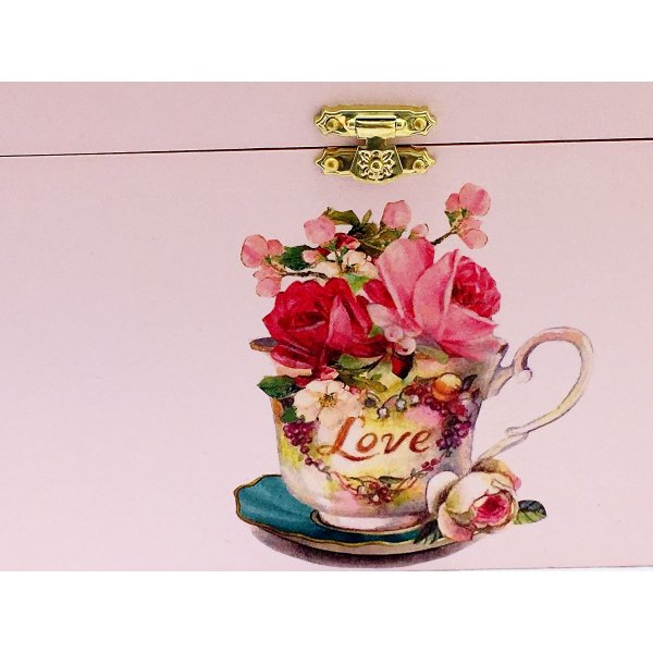 Caixa de madeira e a sua tampa de vidro. Modelo : ch&aacute; de rosas