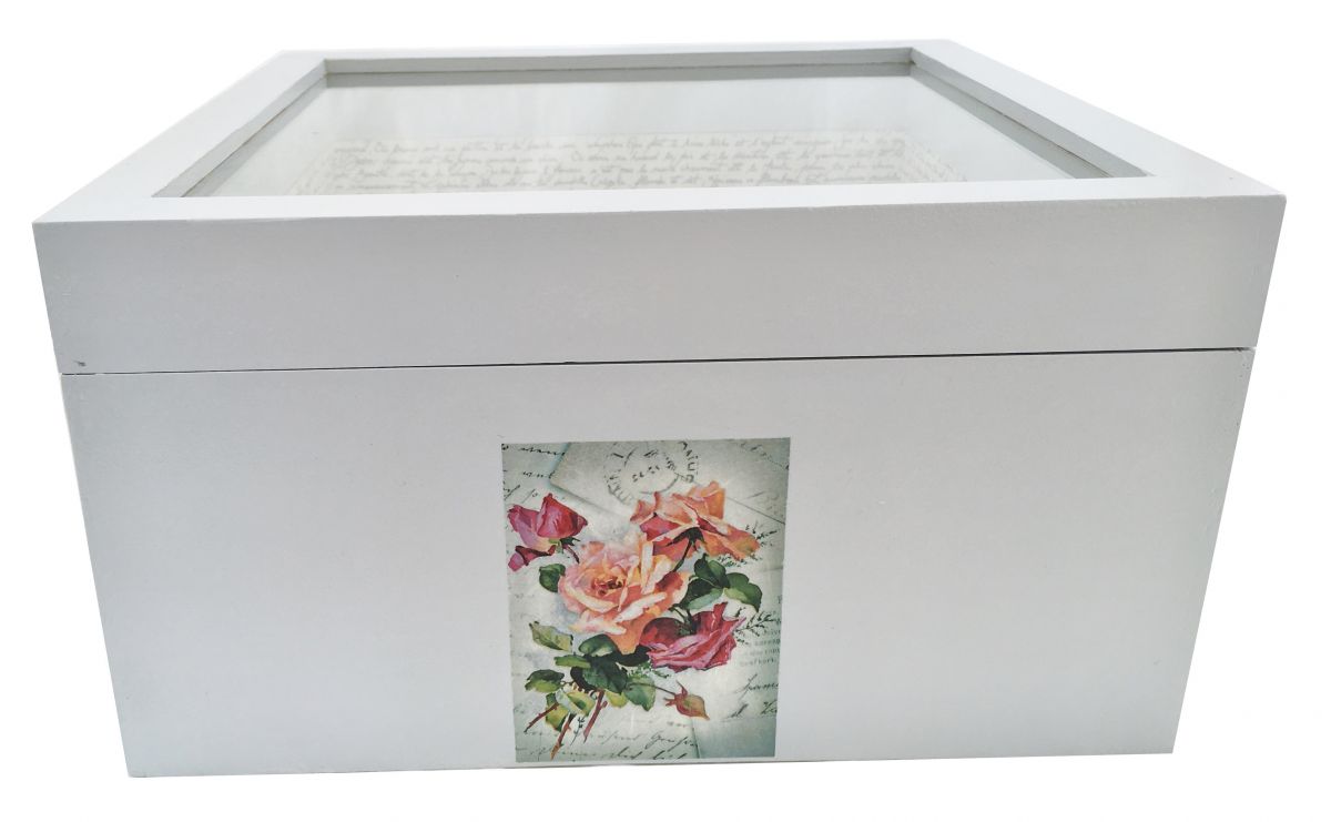 Caixa de madeira e a sua tampa de vidro. Modelo : carta de água rosa