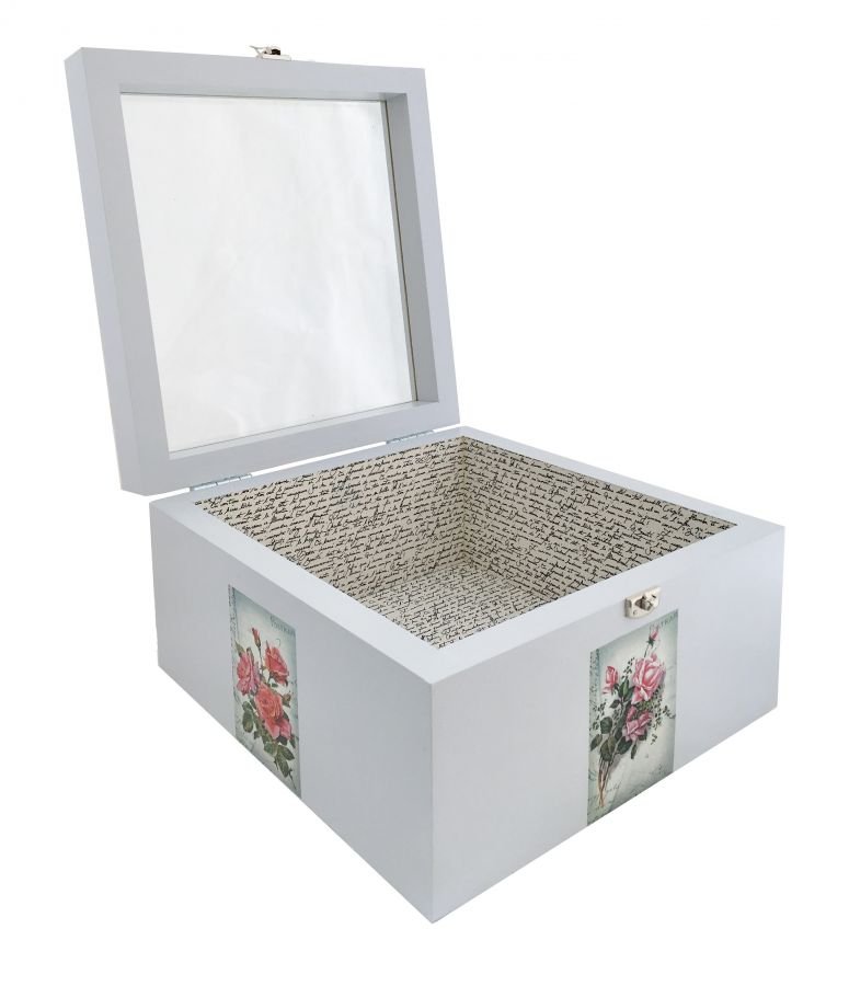 Caixa de madeira e a sua tampa de vidro. Modelo : carta de água rosa