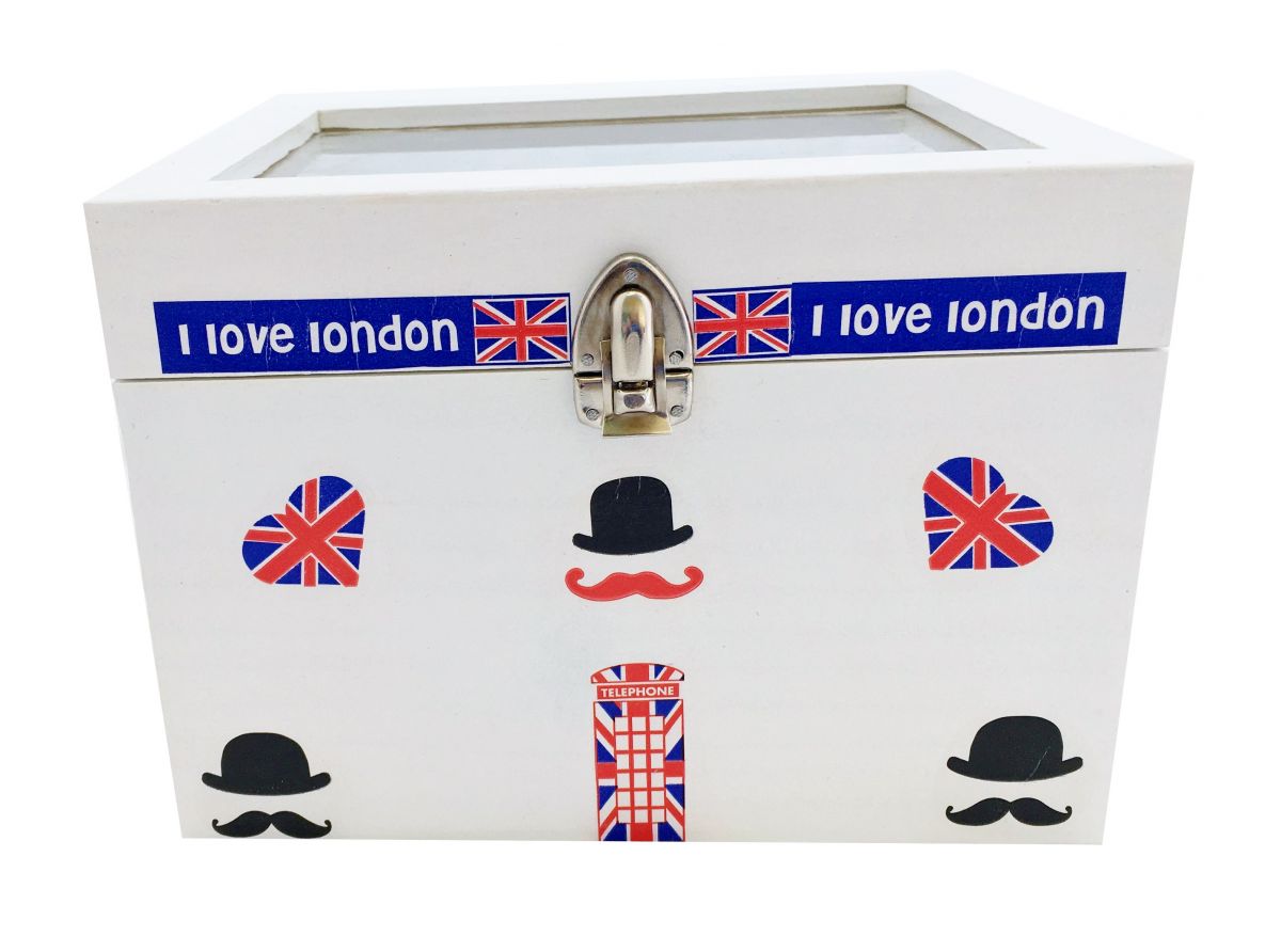 Caixa de madeira e a sua tampa de vidro. Modelo : londres
