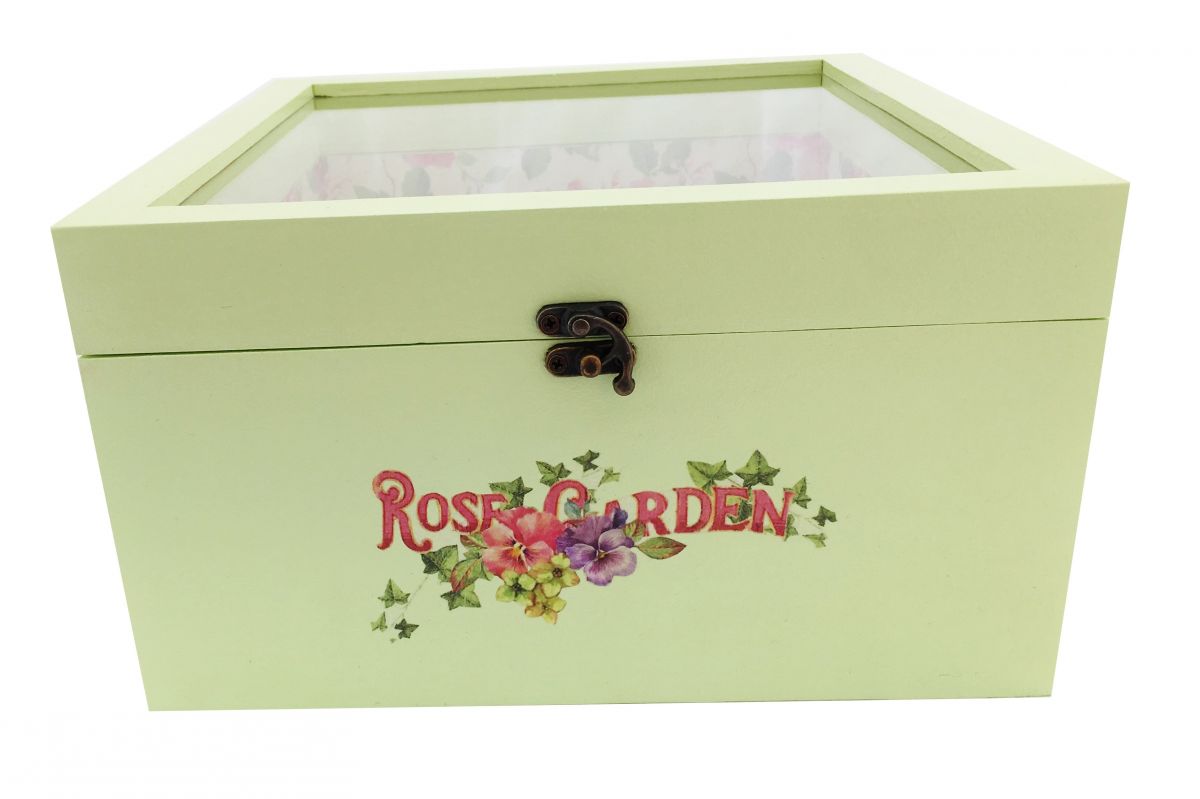 Caixa de madeira com tampa de vidro. Modelo : rose garden