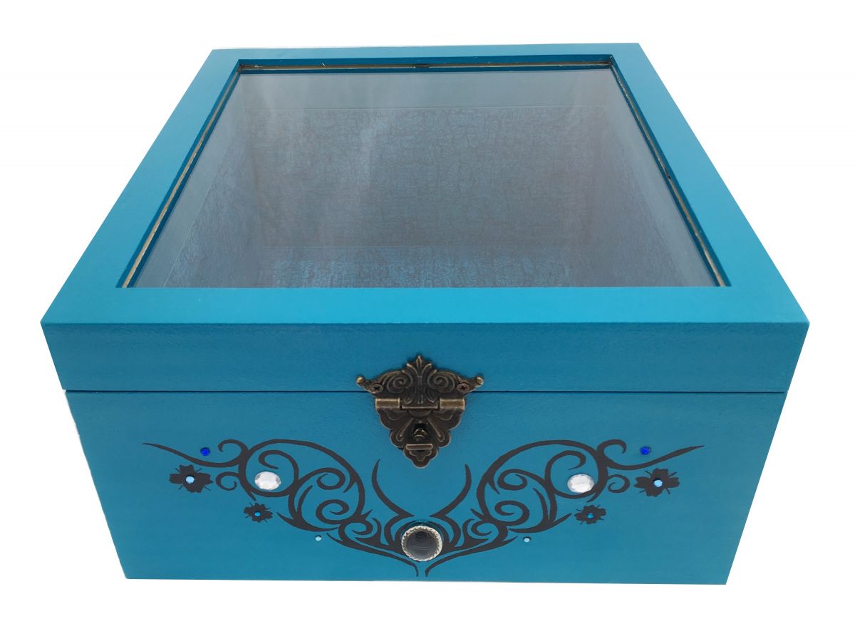 Caixa de madeira com tampa de vidro. Modelo : azul tribal