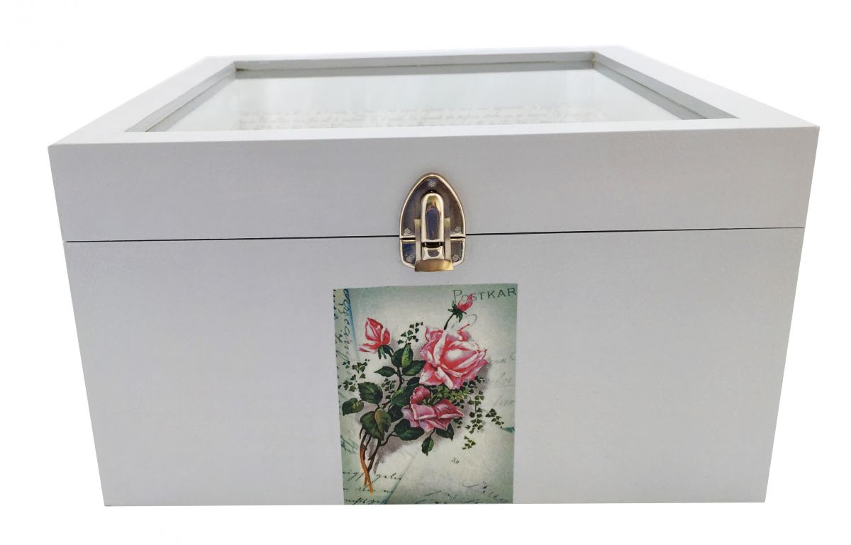 Caixa de madeira e a sua tampa de vidro. Modelo : carta de água rosa