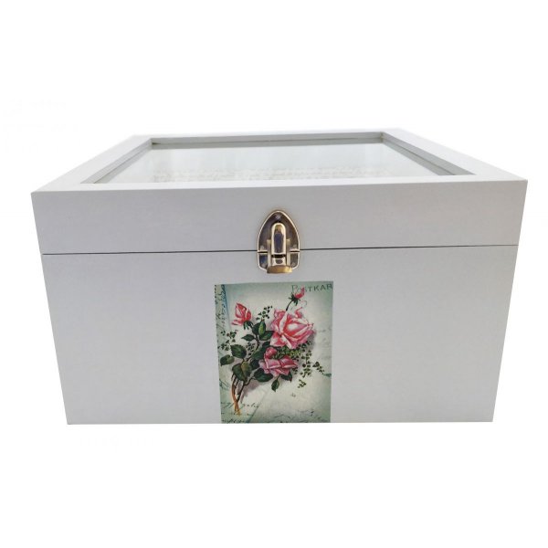 Caixa de madeira e a sua tampa de vidro. Modelo : carta de água rosa