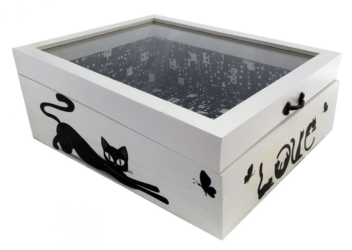 Caixa de madeira com tampa de vidro. Modelo : love cat