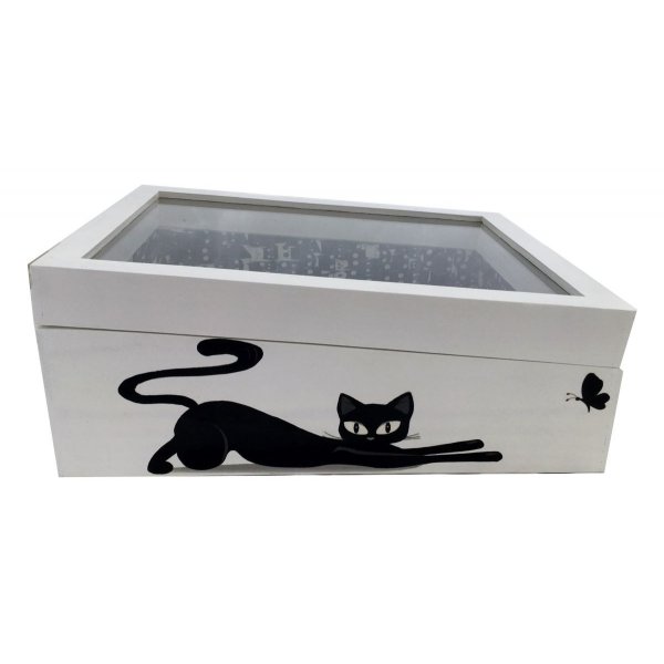 Caixa de madeira com tampa de vidro. Modelo : love cat