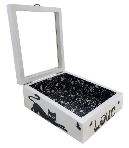 Caixa de madeira com tampa de vidro. Modelo : love cat