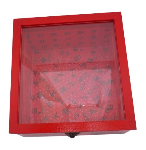 Caixa de madeira inclinada com tampa de vidro. Modelo : dragão vermelho