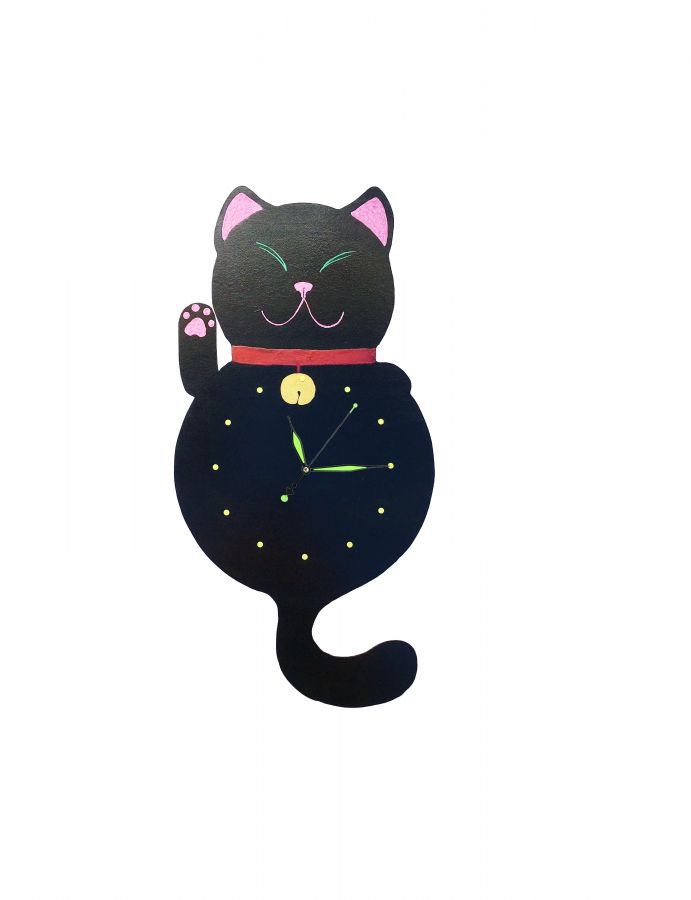 Relógio de madeira modelo "Maneki-neko" Gato chinês