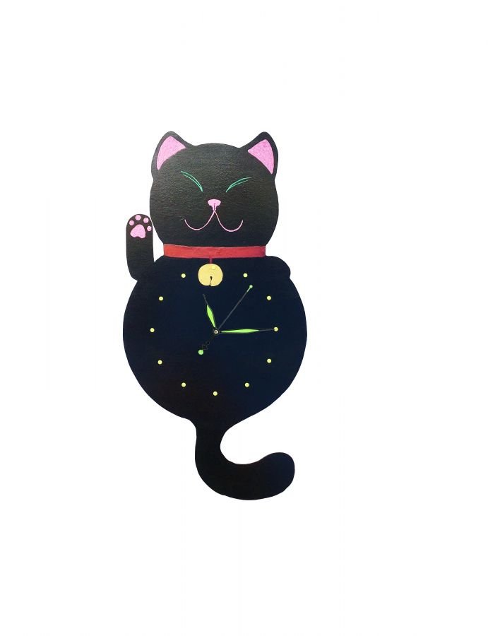 Relógio de madeira modelo "Maneki-neko" Gato chinês