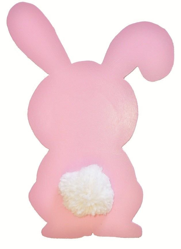 Modelo de parede ou placa de porta de madeira: coelho rosa com cauda de pompom de lã 29x20 cm rapariga