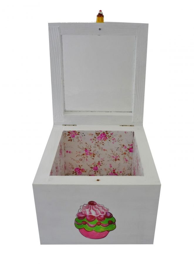 Pequena caixa de madeira maciça com decoração de cupcake branco