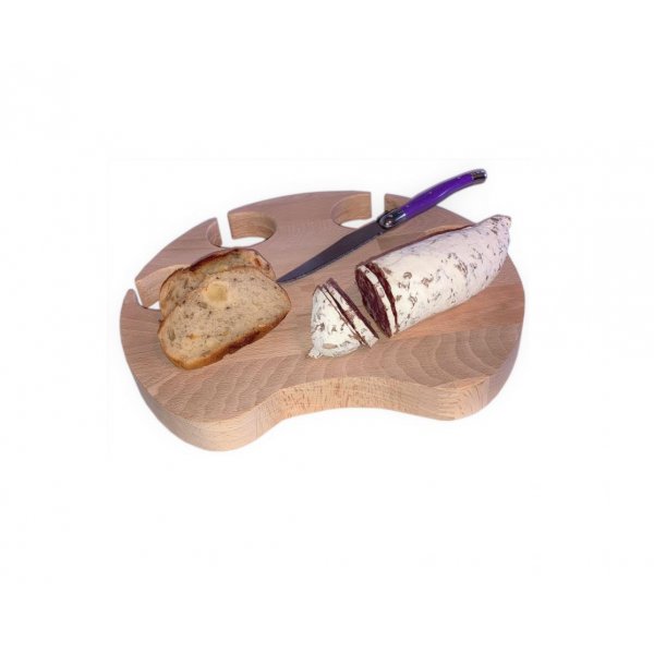 T&aacute;bua de corte de madeira de faia natural FSC com modelo de pata de gato para 4 copos de a&ccedil;o