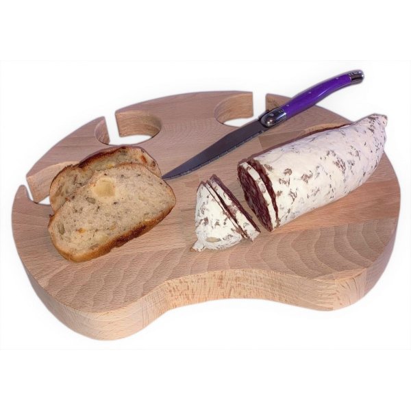 T&aacute;bua de corte de madeira de faia natural FSC com modelo de pata de gato para 4 copos de a&ccedil;o