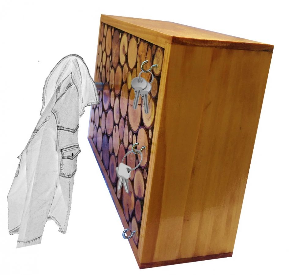 Porta revestimentos de parede rectangular feito de toros de madeira cor de mel com 1 gancho e chaveiro 30x20 cm