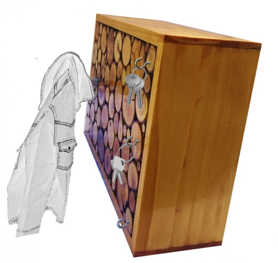 Porta revestimentos de parede rectangular feito de toros de madeira cor de mel com 1 gancho e chaveiro 30x20 cm