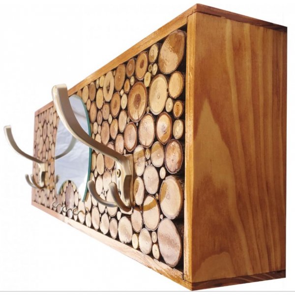 Cabide de parede rectangular em madeira de cor castanha, 2 ganchos de casaco triplo e espelho de meia-lua. 60x20