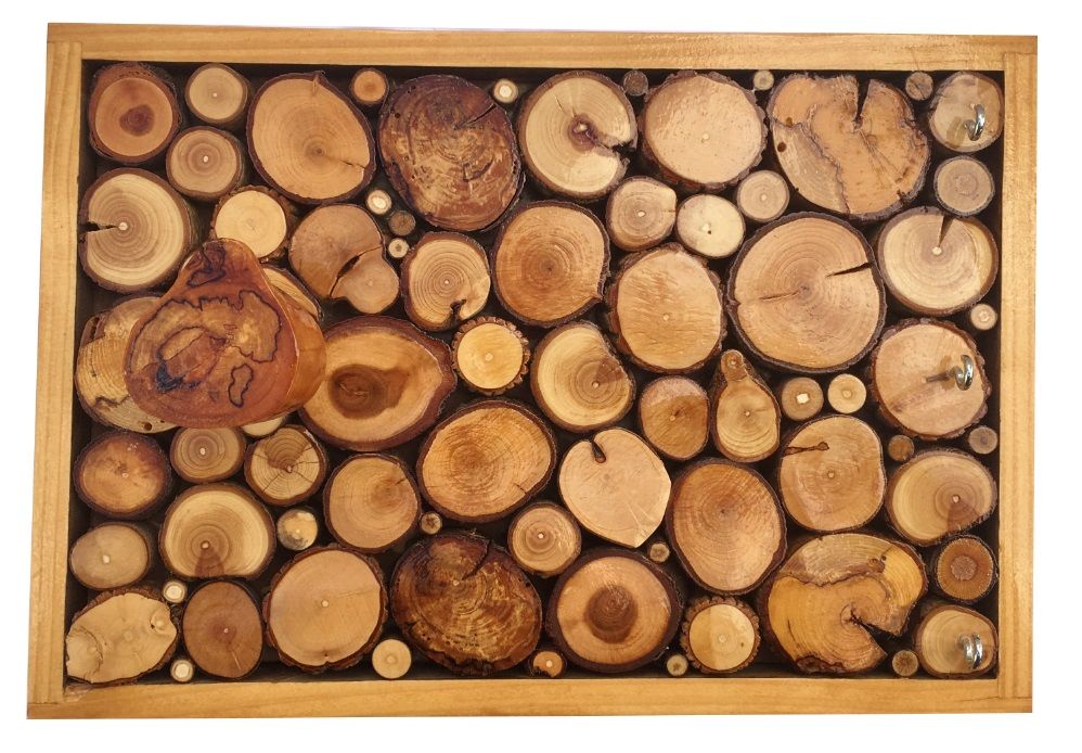 Porta revestimentos de parede rectangular feito de toros de madeira cor de mel com 1 gancho e chaveiro 30x20 cm