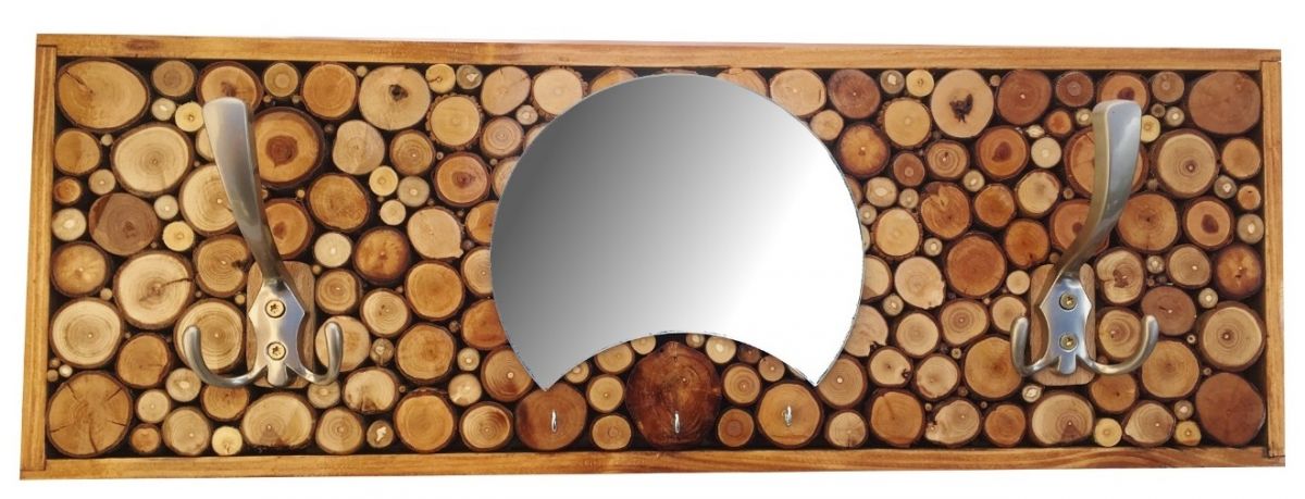 Cabide de parede rectangular em madeira de cor castanha, 2 ganchos de casaco triplo e espelho de meia-lua. 60x20