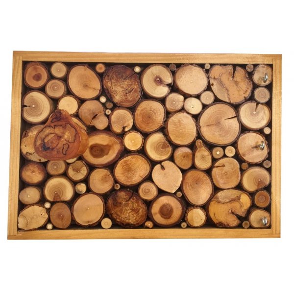 Porta revestimentos de parede rectangular feito de toros de madeira cor de mel com 1 gancho e chaveiro 30x20 cm