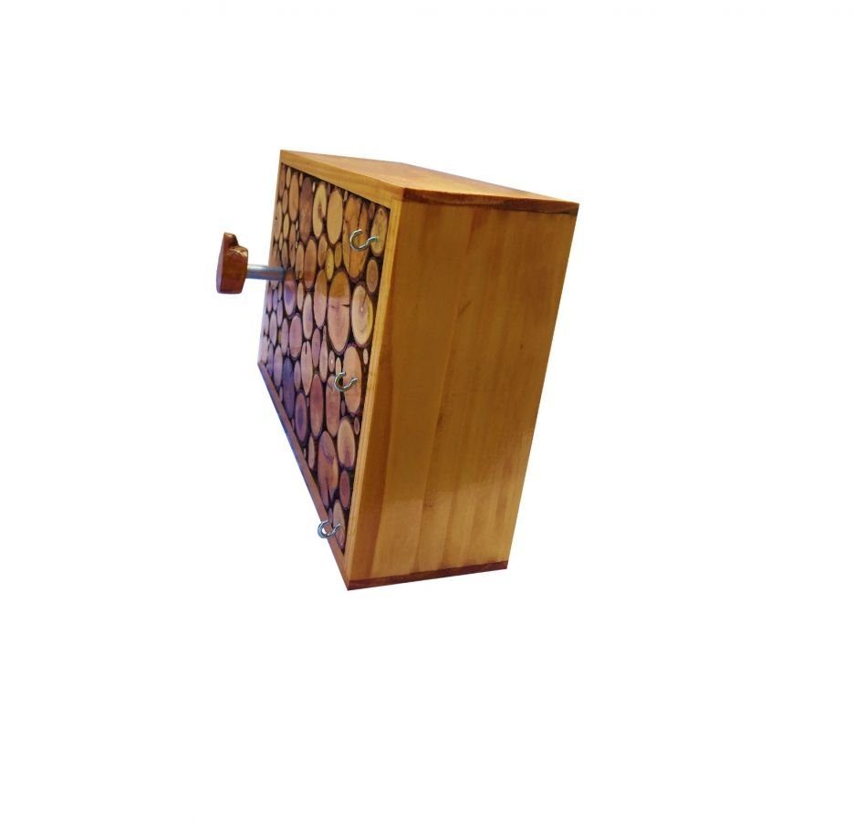 Porta revestimentos de parede rectangular feito de toros de madeira cor de mel com 1 gancho e chaveiro 30x20 cm