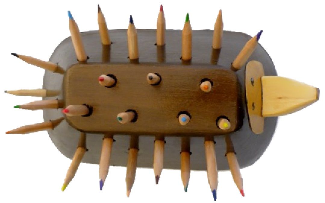 Modelo do conjunto Volta à Escola de Madeira: Porco-espinho (Copo para lápis e Gancho de Casaco Montado na Parede)