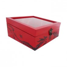 Caixa de madeira inclinada com tampa de vidro. Modelo : dragão vermelho